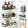 Matte Black 5-Pack Self-Adhesive Metal Shower Caddy Set with Adhesive Hooks - No-Drill Stainless Steel Bathroom Storage Organization, Shelves, Soap Dish, Toothbrush Holder, Waterproof Rustproof Wall Mount, Apartment Accessories Essential