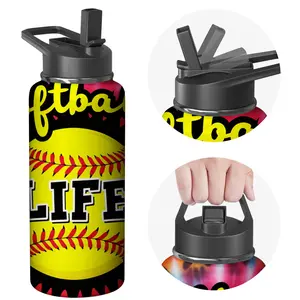 Softball Life Stainless Steel Water Bottle with Black Lid and Straw, Yellow and Pink Tie-Dye Design Featuring Softball Graphic and Softball Life Text, Ideal for Sports and Outdoor Activities
