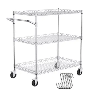 VEVOR Kitchen Utility Cart, 3 Tiers, Wire Rolling Cart with 661LBS Capacity, Steel Service Cart on Wheels, Metal Storage Trolley with 80mm Deep Basket Curved Handle 6 Hooks, for Indoor and Outdoor Use