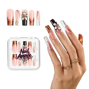 NailAppife Best-Selling Handmade Long Square Press-On Nails 10pcs Brown & White Glossy Fairy Tale Design with 3D Floral | Premium Tortoise Shell Gradient French Nails | Reusable Acrylic Nail Set for Fall, Work & Holiday DIY Manicure