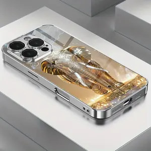 A premium phone case with a golden elephant design, made of electroplated reinforced glass, offering lens protection and compatibility. It is suitable for iPhone 11/12/13/14/15/16/17 pro/promax, ensuring full coverage and drop protection