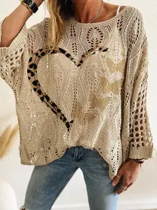 Women's Butterfly Heart Love Print Long Sleeve Batwing Knit Top, Casual Chic Elegance for Spring Summer, Vacation Beachwear Style, Ladies' Vest Cover-Up, Oversize Oversized Knitwear Womenswear