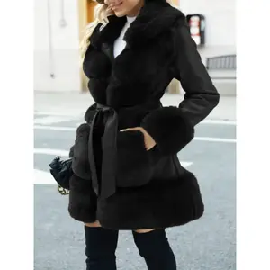 Women's Winter Woolen Coat, Casual Commuter Style, Faux Fur Patchwork Design, Outdoor Lapel Zipper Pocket Jacket with Belted Waist