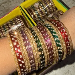 Glass Bangles Set (24pcs) - Colorful and Gold Glitter, Small Stone Decorated, Elegant Casual Trendy Jewelry, Traditional Indian Bridal Bracelet Accessory