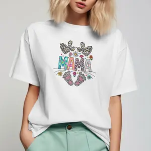 Leopard Bunny Ears Mama Shirt, Cute Baby Feet Mom Tee, Colorful Floral Mama Sweatshirt, New Mom Gift, Mother's Day Gift, Trendy Mom Life Apparel, Mama Bear Shirt Preppy Puff Print T-Shirt