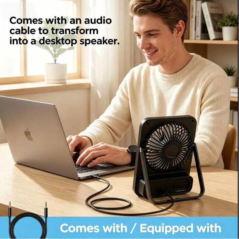 Cooling fan bluetooth speaker, desktop speaker fan, computer desktop fan, 3-speed wind speed, with audio cable, computer speaker, quiet breeze, portable and space saving, suitable for laptops, games, homes, conferences, desktops