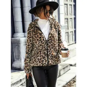 Women's Winter Hooded Leopard Print Jacket, Loose Fit Long Sleeve Outerwear, Casual Two-Sided Velvet Coat, Plus Size Available