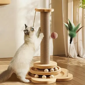 Interactive Cat Scratch Tower with Jute Ball Track - Durable and Multifunctional Self-Entertaining Cat Scratch Tower, No Batteries Required, Cat Toy, Jute, Hanging Artificial Feather Toy