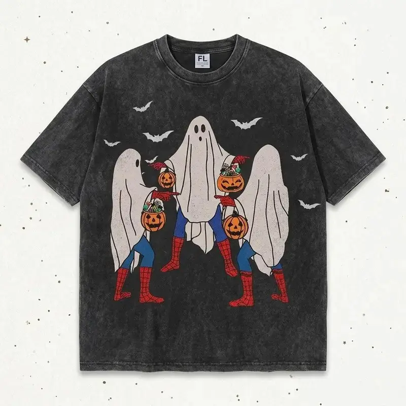 Halloween Ghost Spider Man Trick Or Treat Graphic T-Shirt Unisex, Vintage Acid Wash Retro Ghost Pumpkin Bat Tee, Funny Halloween Party Oversized Tshirt