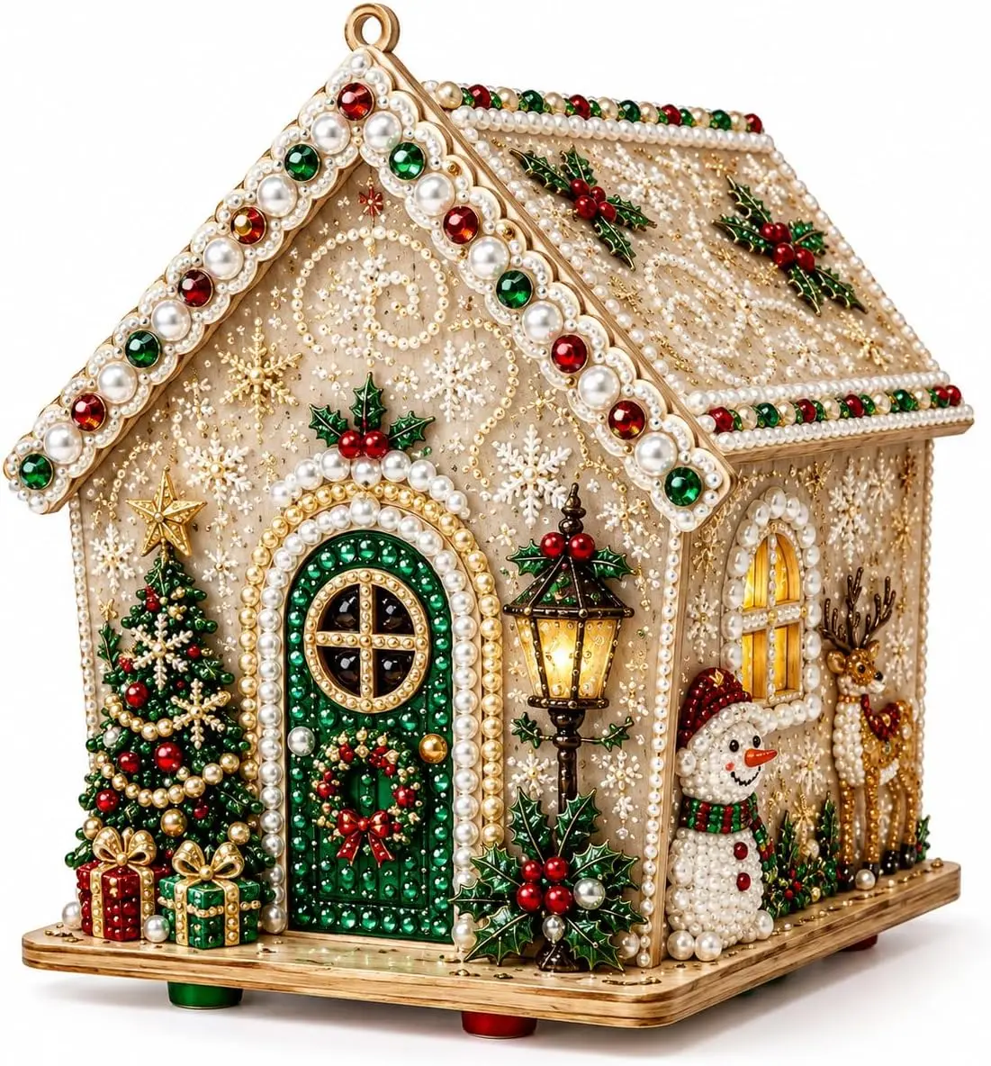 Christmas Wooden House DIY Pearl Bead Craft Set, Festive Snowman Santa Reindeer Pattern Handmade Ornaments, Pearl Art Craft Kit for Indoor Wall Hanging, Tabletop Home Decoration
