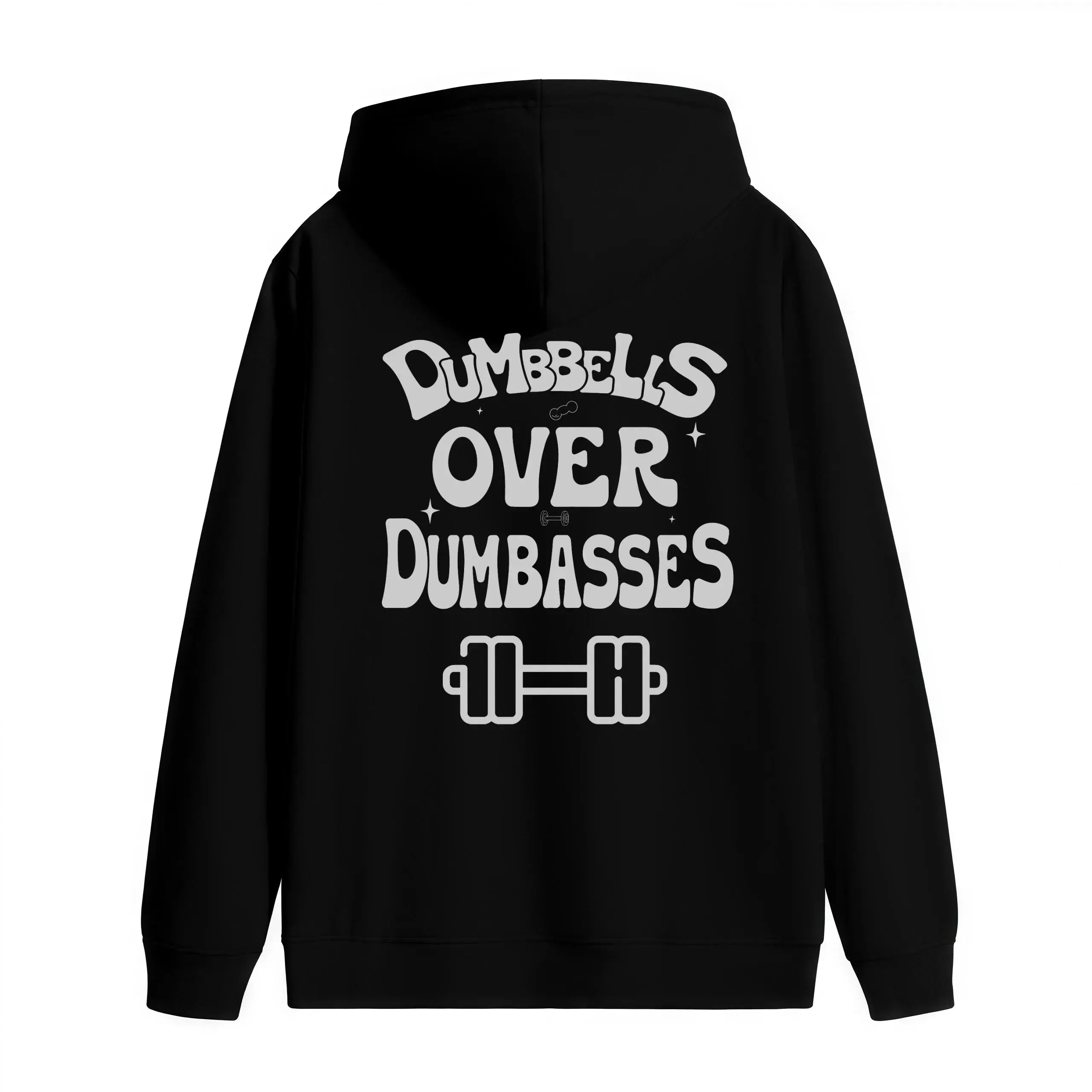 Dumbbells Over Dumbasses Graphic Hoodie, Unisex Funny Gym Quote Back Print Pullover Hoodie, Dumbbell Workout Fitness Humor Hooded Sweatshirt, Casual Gym Streetwear Hoodie for Women Men and Weightlifting LoversDumbbells Over Dumbasses Graphic Hoodie, Unise