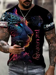 Neon black panther print short-sleeved T-shirt, trendy street style, Streetwear, Fashion