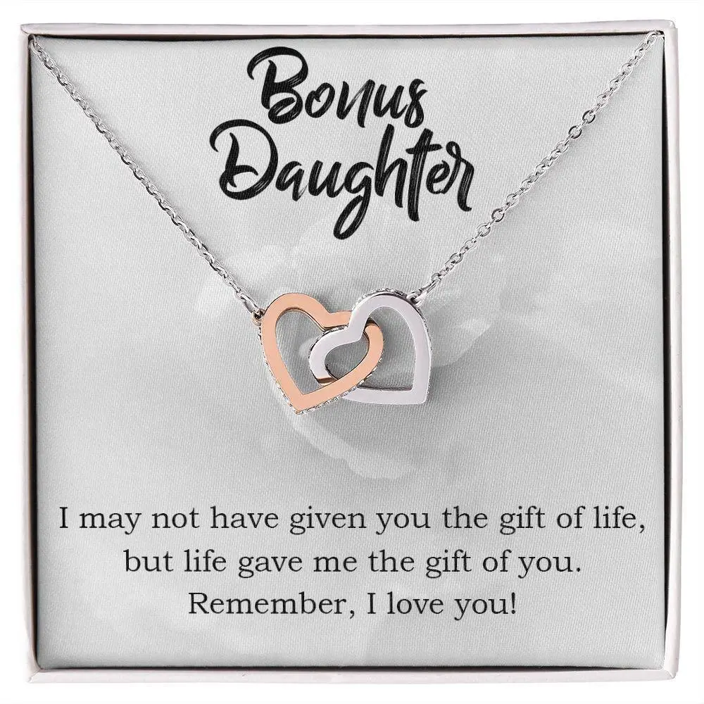 Gift for Bonus Daughter - Gift of Life - Interlocking Hearts Necklace Message Card Gift Box