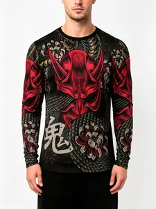 Men's Sporty Long Sleeve T-Shirt, 3D Print Japanese Style Ghost Design, Comfortable Breathable Fabric, Ideal for Outdoor Running