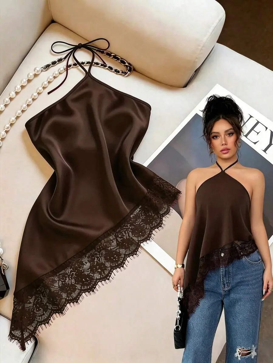 Women's Coffee Brown Camisole,Summer Halter Neck Tie Asymmetric Hem Lace Trim Backless Bodycon Top,Elegant Sleeveless Blouse for Night Out Party