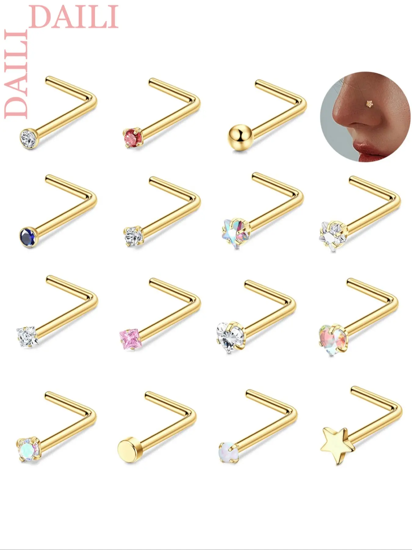 15Pcs 20G Nose Rings Stainless Steel Nose Studs L Shaped Nose Stud Gold Nose Ring Stud CZ Opal Nose Ring Heart Cute L Shape Star Nose Piercing Jewelry Body Jewelry for Women Men