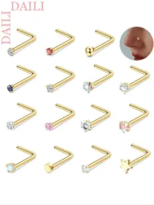 15Pcs 20G Nose Rings Stainless Steel Nose Studs L Shaped Nose Stud Gold Nose Ring Stud CZ Opal Nose Ring Heart Cute L Shape Star Nose Piercing Jewelry for Women Men