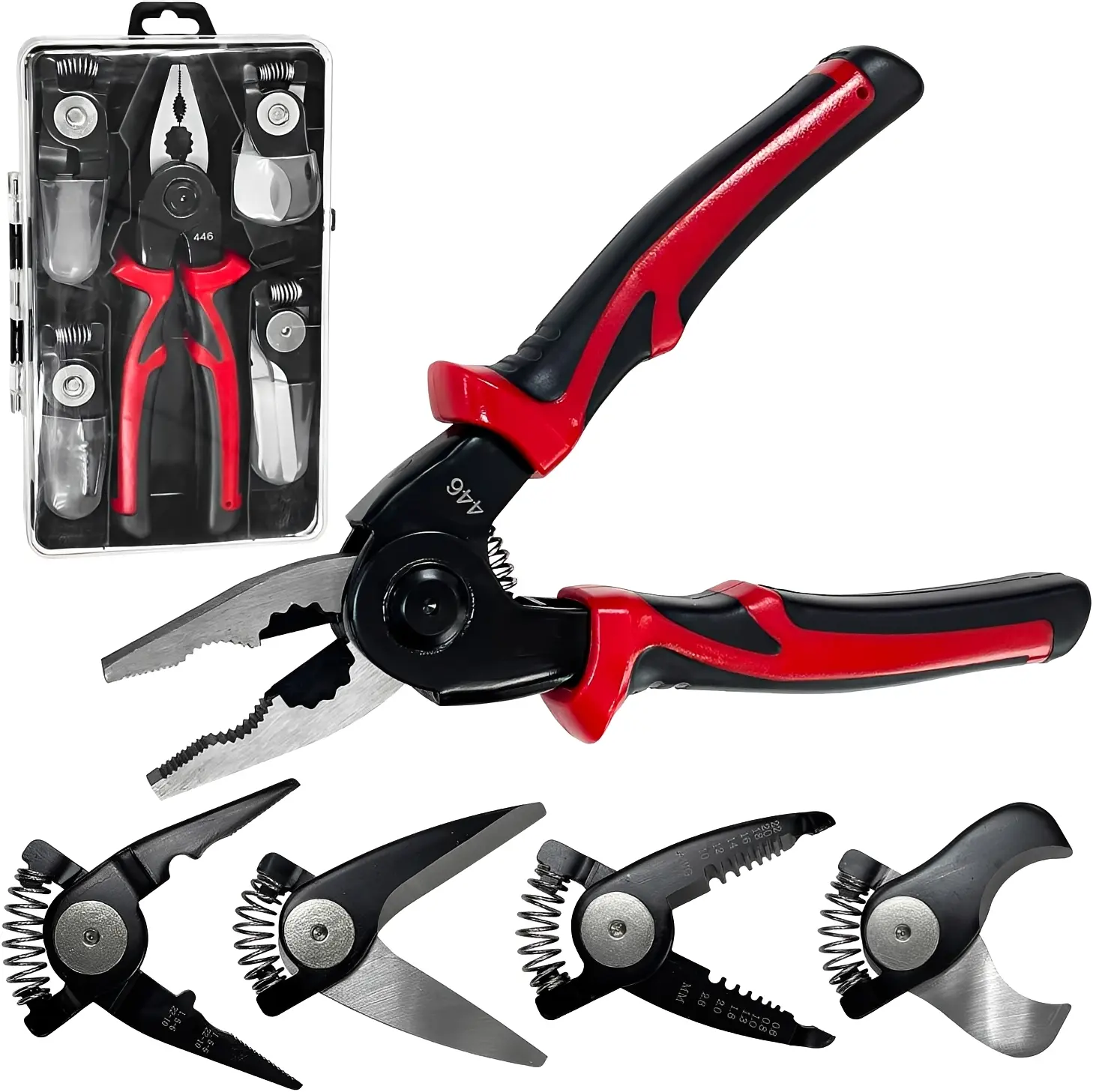 5 in 1 Pliers Set with 5 Interchangeable Tool Heads - Wire Stripper,Crimping Plier, Cable Cutter, Electrician Scissors, Linesman Plier - Ergonomic 8 Inch Handle with Storage Case,Dual-Color PVC Handle Pliers