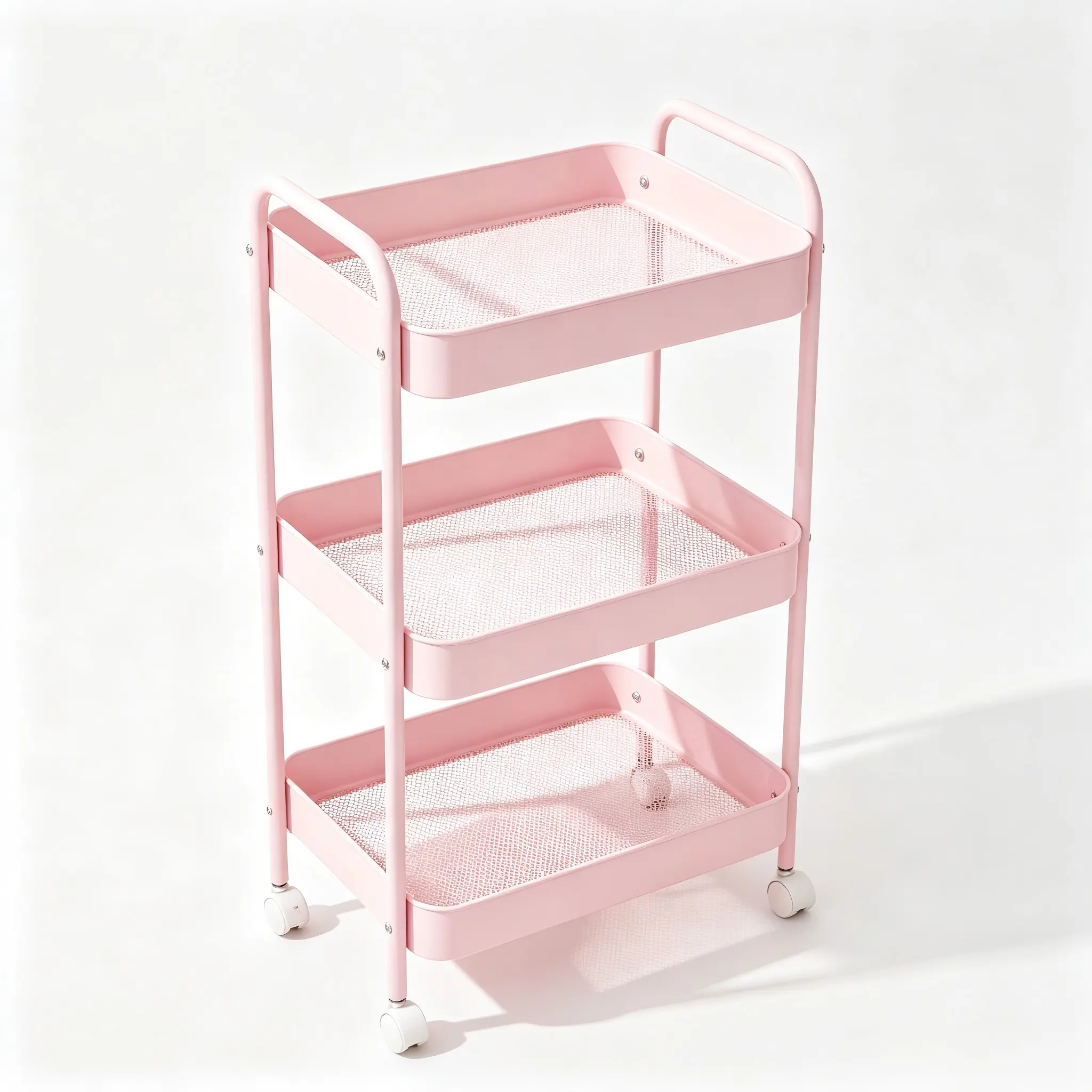 Pink 3-Tier Rolling Utility Storage Cart, Metal Mesh Mobile Organizer Trolley with Dual Side Handles & Lockable Wheels, Multi-Purpose Rolling Shelf for Makeup Vanity, Bathroom, Bedroom, Kitchen, Salon, Office