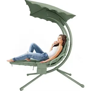 Hanging Chaise Lounger Chair Arc Stand Porch Swing Chair w/Canopy Outdoor Freestanding Swing Hammock Chair for Patio Poolside Backyard Garden Red