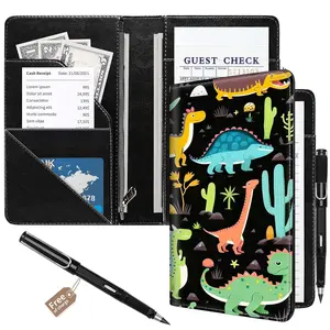 Server Book for Waitress/Waiter,Compact Stylish Durable Order Book with Pockets for Tips Bills,PU Leather Server Book with Pen Holder & Zipper for Restaurants Cafes Busy Waitstaff,Cute Dinosaur