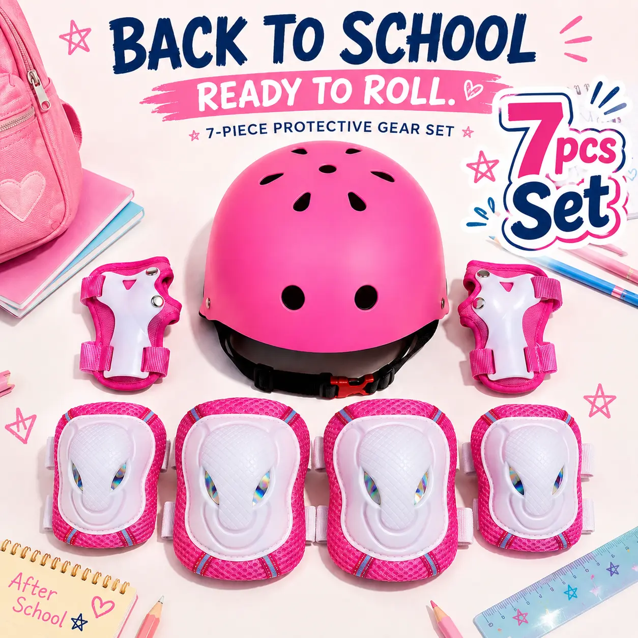 Kids 7PCS Protective Gear Set with Helmet, Knee Pads, Elbow Pads and Wrist Guards, for Skating, Scooter, Cycling and Skateboarding, Ages 3-12