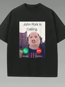 Loose Printed Graphic T-Shirt, Tiktok Trend John Pork Call Meme Design, Street Style Comfortable Home Wear, Soft Cotton Casual Top