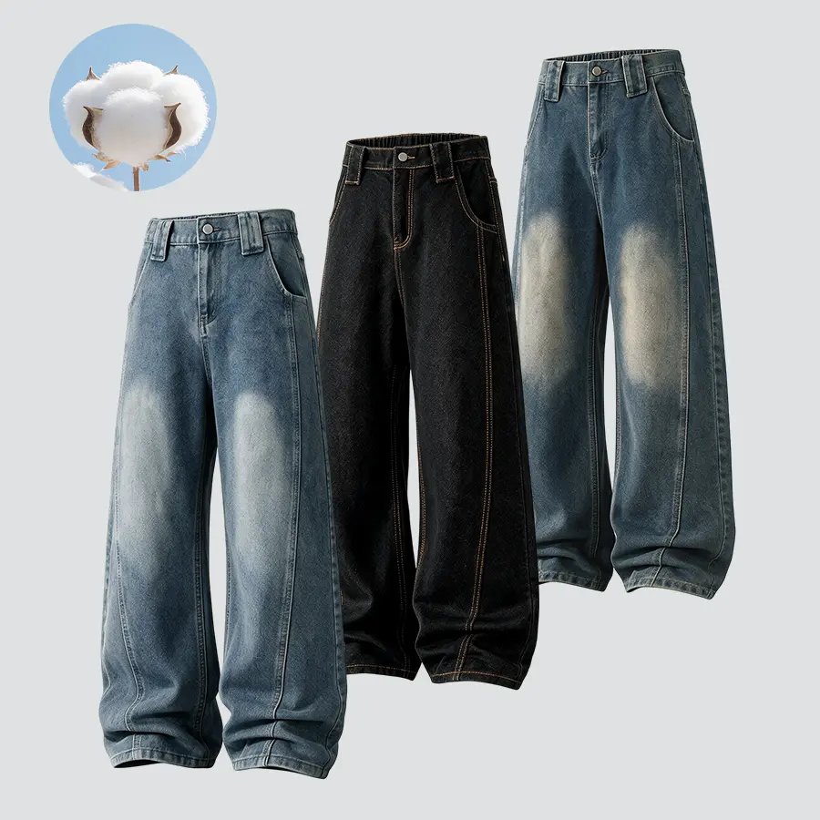 Men's Retro Water Washed Gradient Oversized Baggy Denim Pants - Distressed Faded Wide-Leg Menswear, Cotton Blend Casual All-Season Streetwear Bottoms