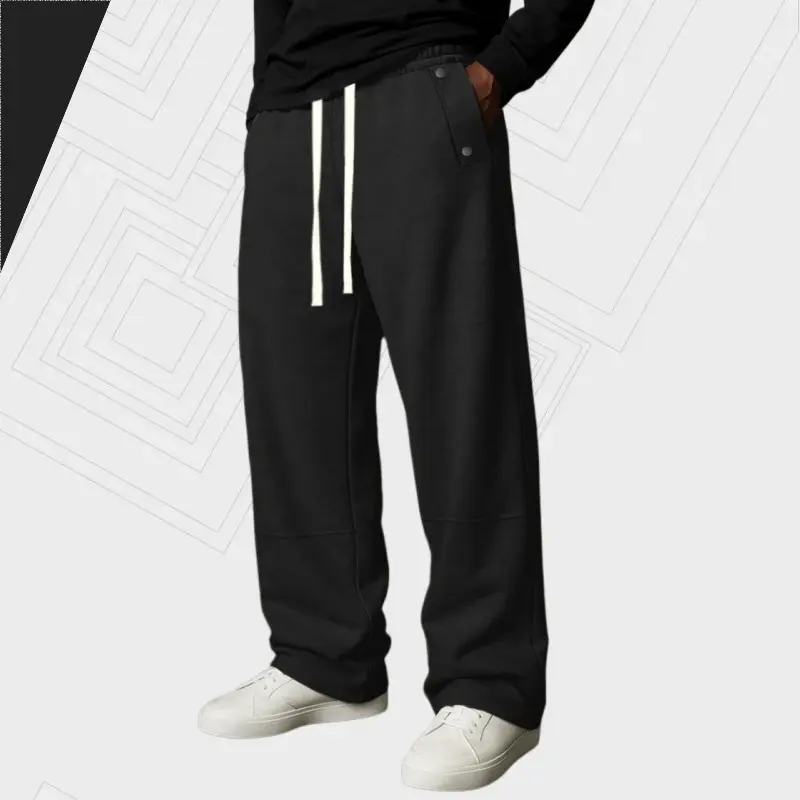 Men’s light gray drop-crotch wide-leg sweatpants, American minimalist style with a drawstring elastic waistband and snap button slant pockets; loose straight fit suitable for everyday commuting, casual wear, and sports across multiple occasions.