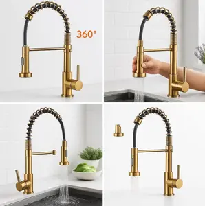 Brushed Golden Kitchen Faucet with Pull-Down Sprayer – Commercial-Grade Single Handle Sink Mixer Tap