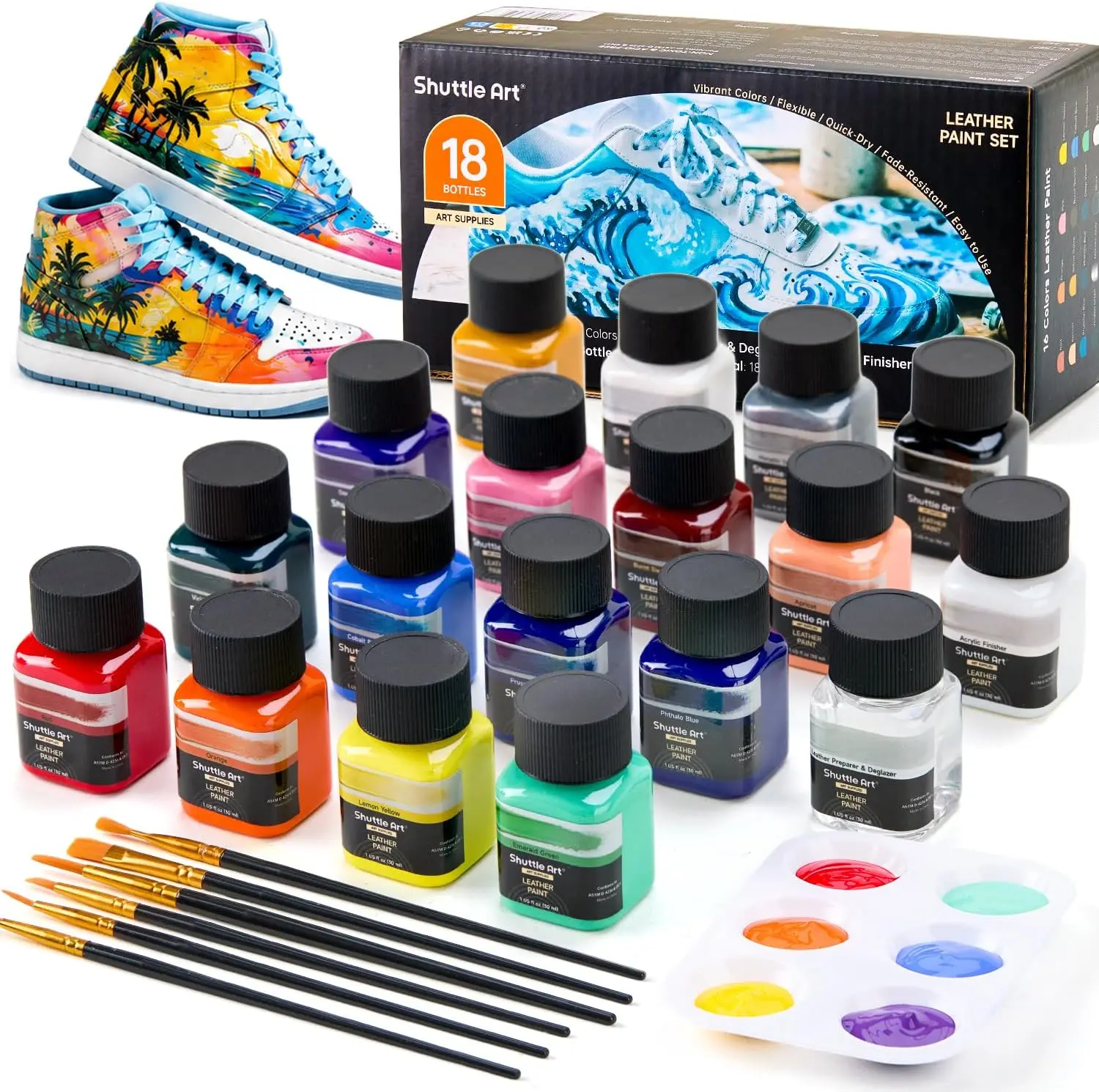 Shuttle Art 16 Colors Acrylic Leather Paint in Bottles (30ml/1oz) with Deglazer & Finisher, Brushes, Palette, Leather Dye for Shoes, Sneakers, Jackets, Bags, Wallets, DIY projects & Art
