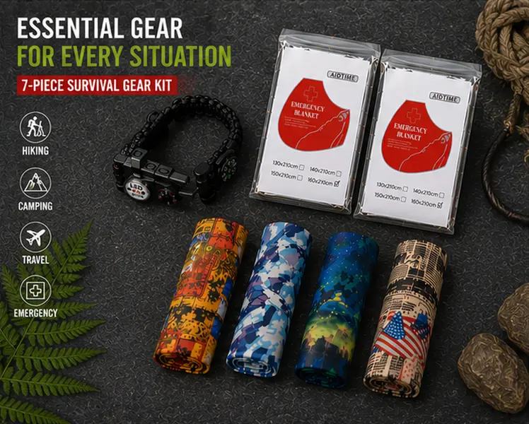 7-Piece Outdoor Survival Tools Set - Multifunctional Bandana, Compass, Wristband, Temperature Blanket, LED Light, Sun Protection, Dustproof, Bottle Opener - Survival-Themed Multitools for Camping, Travel - Practical Gift for Outdoor Enthusiasts, 7-Piece S