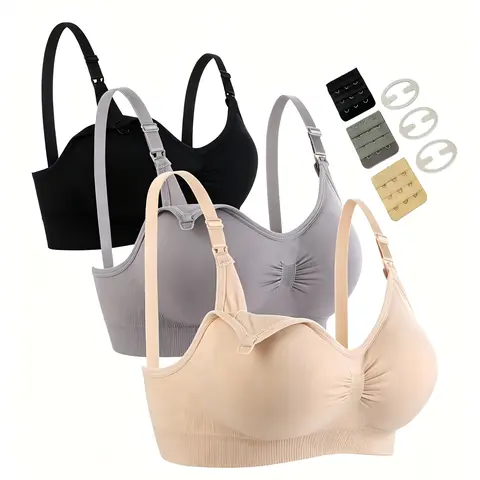 Women's 3-Pack Wireless Seamless Nursing Bras - Pregnancy Maternity Postpartum Sleeping Bralettes with Adjustable Straps, Clips, Custom Extenders, Plain Seamless Underwear, Nursing Accessories, Nylon Blend, Side Panels, Skin-Friendly All-Season Mom Bras