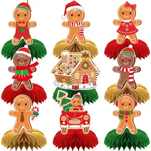 9 Sets Christmas Gingerbread Party Table Decorations, Festive Holiday Decor, Fun Gingerbread Houses, Honeycomb Shapes, Perfect for Christmas Parties