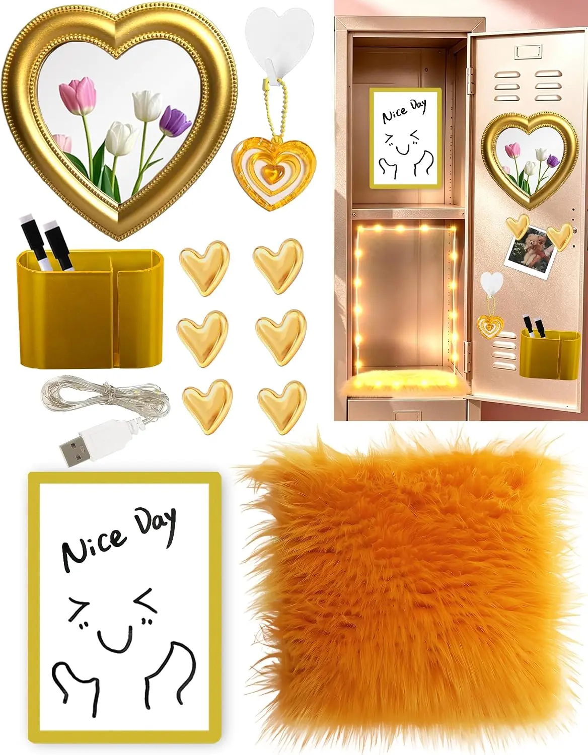 Gold Locker Accessories Kit for Girls with Haert Magnetic Locker Mirror Pen Holder Whiteboard Rug Magnets Hook Pendant String Lights, 15 PCS Back to School Locker Organizer & Decor for Home Work Dizgyuwei