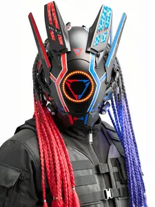 Cyberpunk LED Full Face Techwear Mask Making Kit, DIY Accessory with Red-Blue Braided Hair, Glowing Lights for Cosplay, Rave (Adults & Teens Specialty DIY Supply)