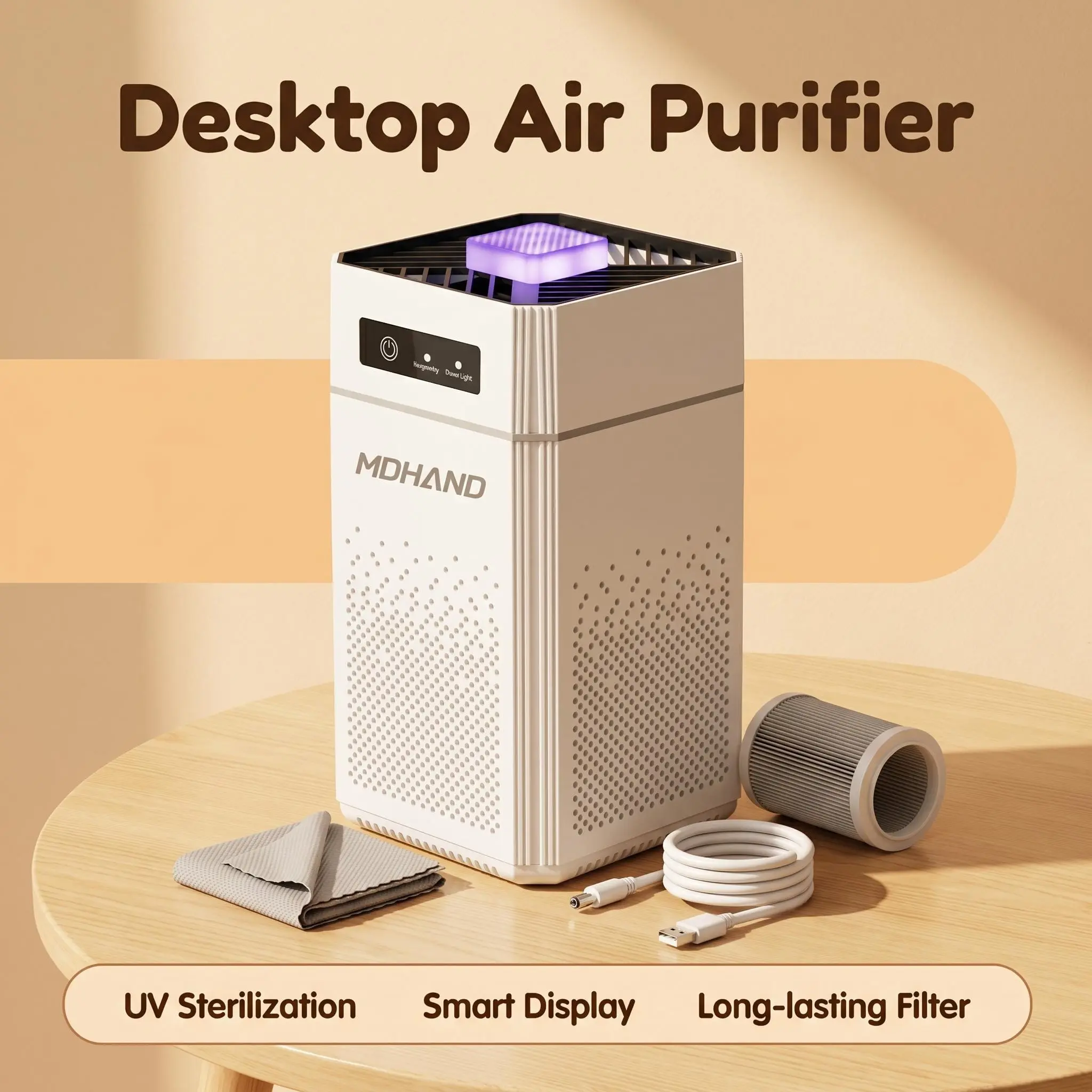 【Back To School Gift】MDHAND Compact Desktop Portable Air Purifier with HEPA Filtration, UV Sterilizer, Smart Touch Control, Quiet Sleep Mode, Extra Filter, 5V USB Cable, Anti-Allergic, for Bedroom Home Office, USB Port, Long-Lasting Performance