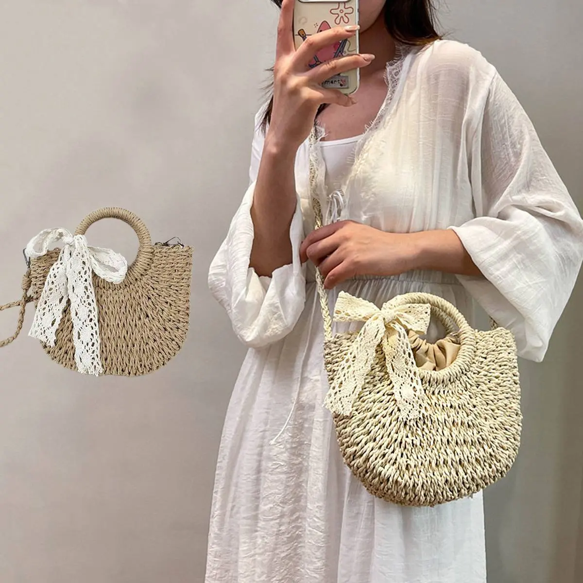 Women's Casual Natural Straw Messenger Bag - Chic Hollow-Out Handwoven Look Plain Weave Crossbody Purse with Adjustable Drawstring Closure for Beach Vacation, Messenger Bags, Do Not Wash