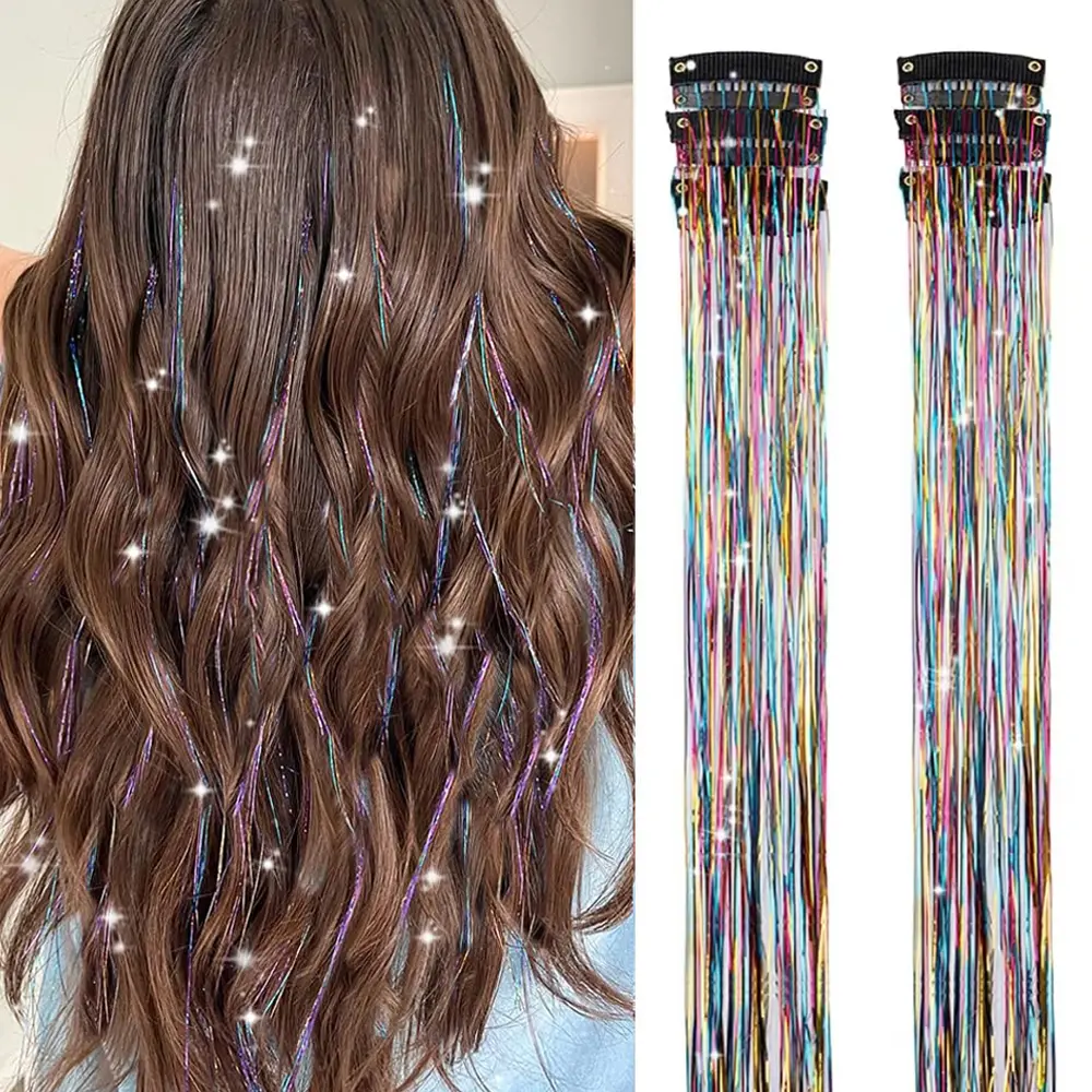 Women's Clip-in Tinsel Hair Extensions Kit, 6-Piece 20-Inch Heat-Resistant Polyester Fiber Colorful Glitter Strands, Fairy Hair Accessories for Holiday Hairstyles, Clip In Hair Extensions