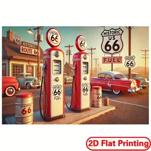 Vintage Route 66 Gas Station 2D Flat Wall Hanging Backdrop Banner - 1PC Reusable Polyester Banner for Birthday Party, Classic Car Photography Decorations, Banners