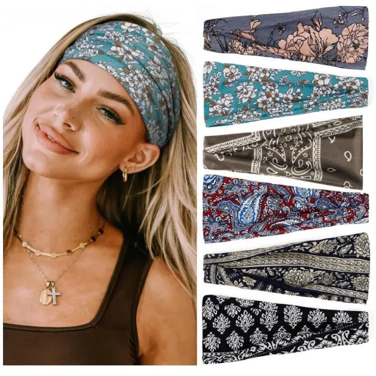 6Pcs Wide Headbands for Women Floral Printed Boho Hairband Elastic Knotted Bandana Non Slip Workout Yoga Thick Turban Head Wrap Fashion Hair Accessories for Teen Girls
