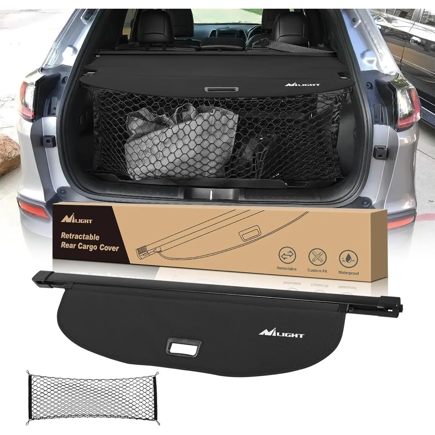 Nilight Metal Retractable Trunk Cargo Cover with Flannel Flocking End & Water Resistant Storage Net for Cherokee 2019-2023, Snap-In Theft-Deterrent Security Shade, Durable, Easy Install, Clean Look, Noise-Free Travel Car Exterior Accessory, 1-Pack, Custom