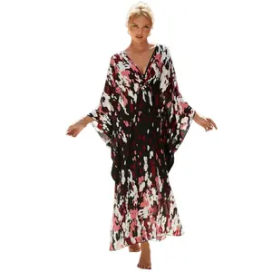 Plus Size Mumu Dresses for Women - Boho Batwing Sleeve Caftan with Side Slits, Long Moo Moo Nightgown & Beach Cover Up - Red Floral