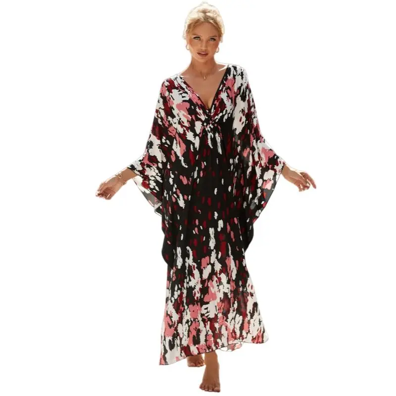 Plus Size Mumu Dresses for Women - Boho Batwing Sleeve Caftan with Side Slits, Long Moo Moo Nightgown & Beach Cover Up - Red Floral
