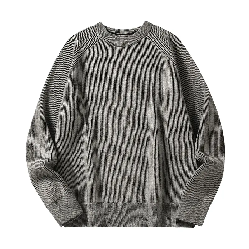 One men’s knit sweater in beige gray with vertical ribbing, a crew neck, dropped shoulders, and long sleeves; urban minimalist style with an allover vertical texture. Ribbed collar and cuffs with widened hems. Suitable for men when out shopping, exploring
