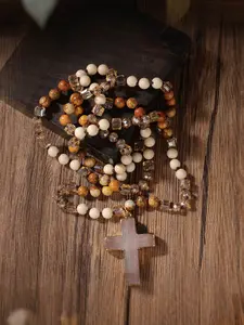 Natural Boho Chic Crystal Tian Stone Necklace Long Sweater Chain Cross Pendant Jewelry, Purify Energy, Enhance Self-Acceptance, Healing Accessory