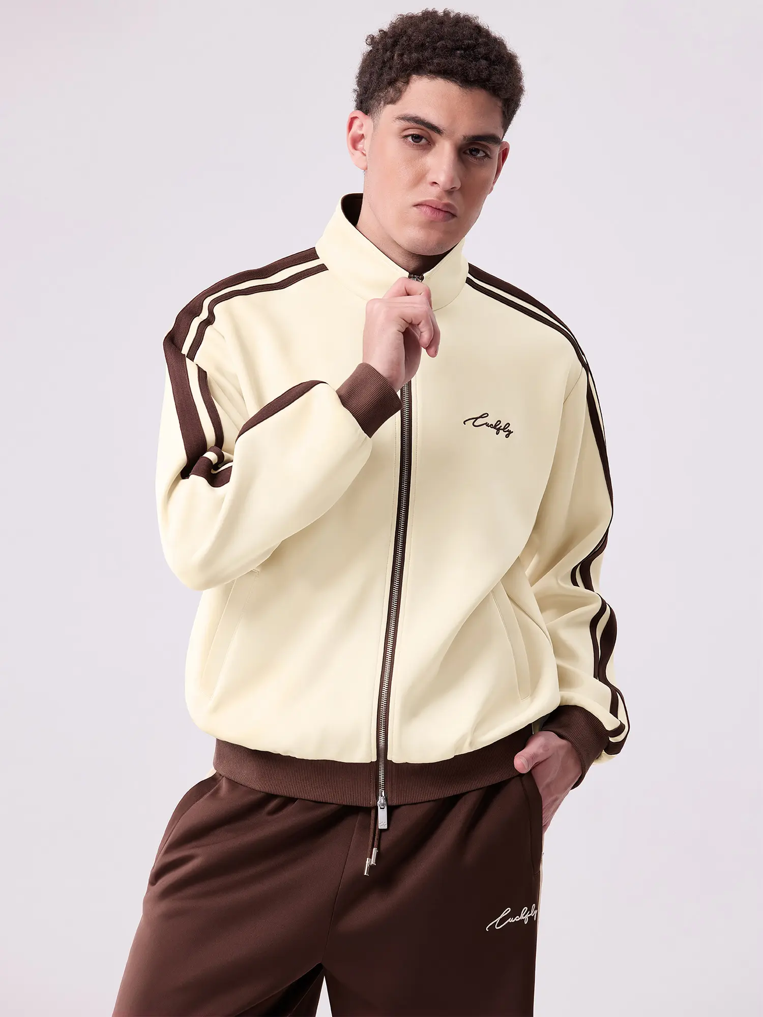 LUCKFLY Men's Vintage Full-Zip Track Jacket - Menswear Tops, Long Sleeve, Stand Collar, Striped Streetwear, Zipper Pocket, Minimalist Embroidery (Jacket Only) Menswear Sweatshirts Tops Y2K Tights Casual Athletic Hoodie