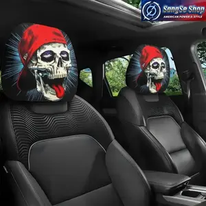 2-Pack Hip Hop Skull Print Car Headrest Covers, Universal Fit Car Seat Neck Rest Protectors, Comfortable Cushion Support for Long Drive, Easy Install Auto Interior Accessories for Cars, Trucks and SUVs