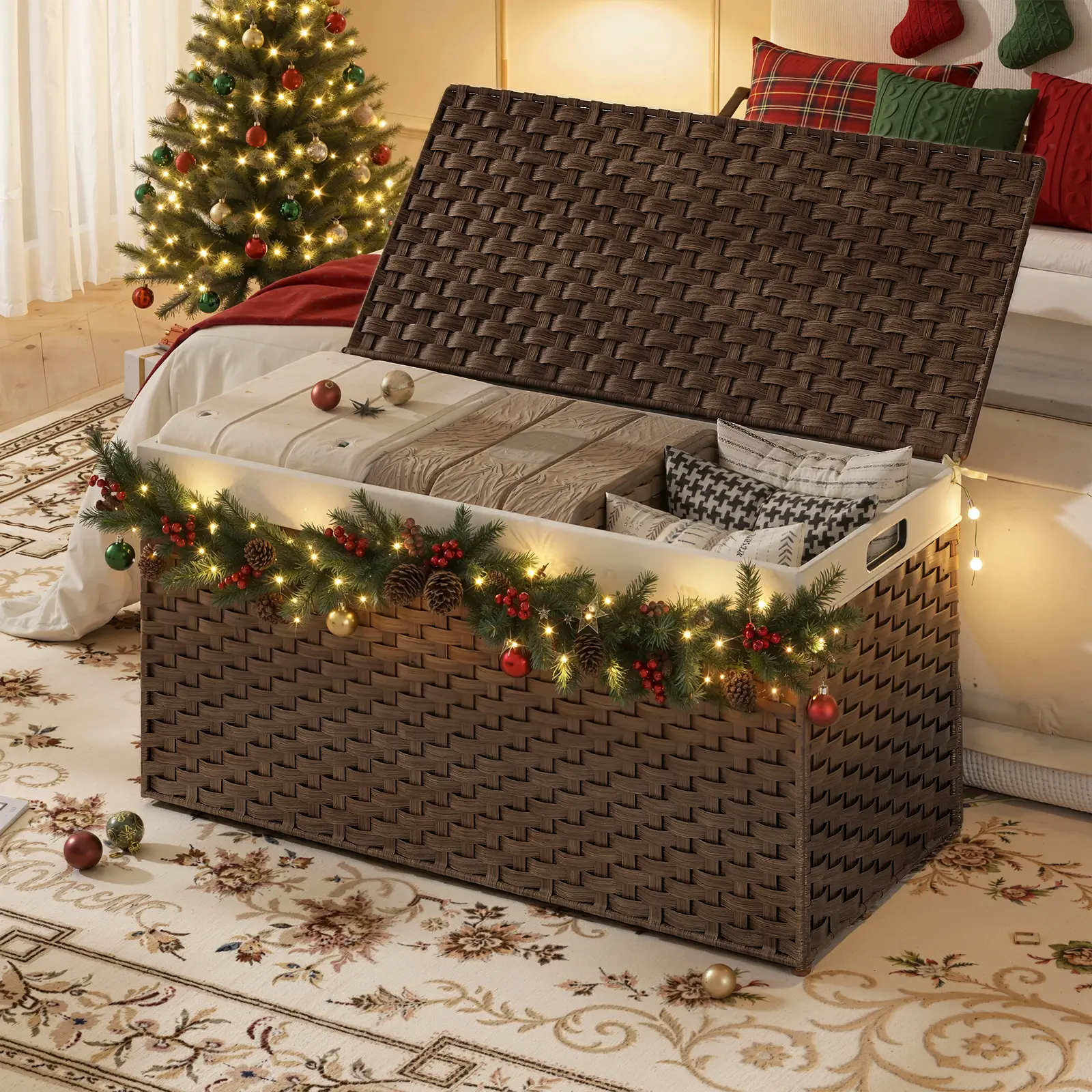 HOOBRO Storage Basket with Lid, 52.8 Gallon (200L) Wicker Basket, Handwoven Blanket Storage Basket with Handles, Metal Frame and Soft Lining, Foldable for Bedroom, Laundry Room, Brown #SummerVibes