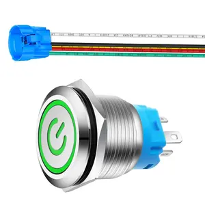0.87''/22mm Stainless Steel Latching  Button  SPDT 110V-220V/3A Power Symbol LED 1NO1NC ON/Off  Toggle  with Wire Socket Plug (Green LED)